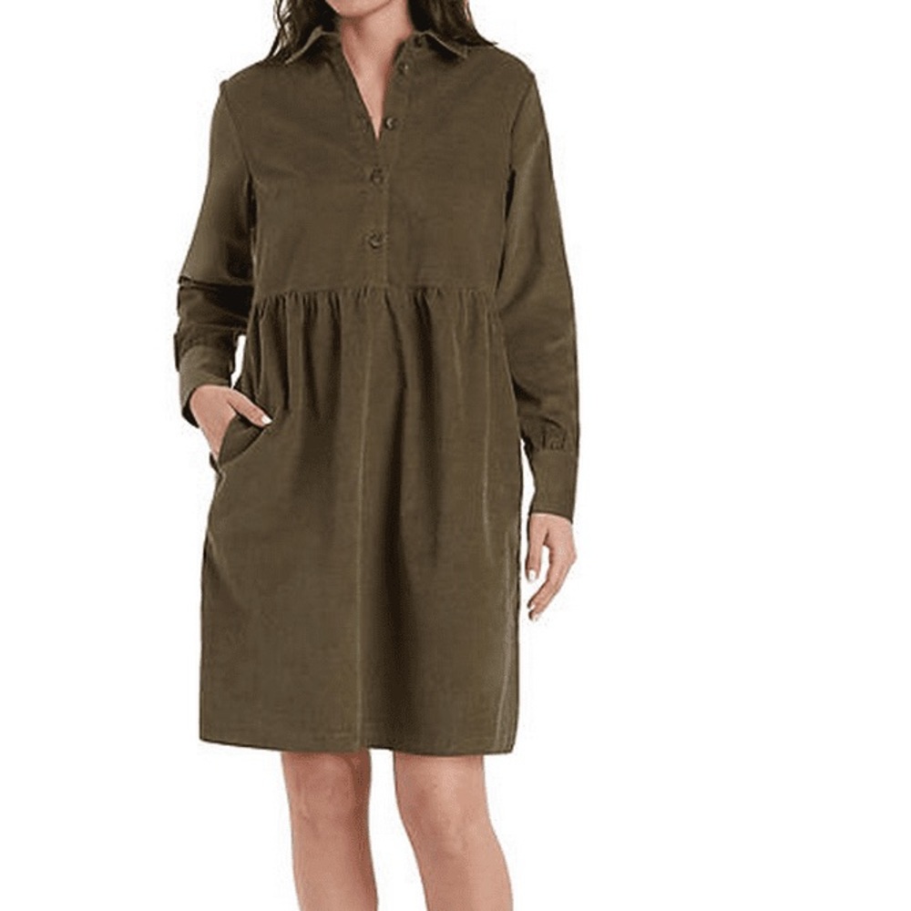 NINE WEST Olive Green Button-Up BODICE BABYDOLL Shirt WAIST Dress WOMEN SIZE XL